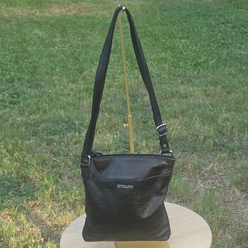 Estalon Black Pebbled Leather Crossbody Bag Adjustable Strap Slim Purse